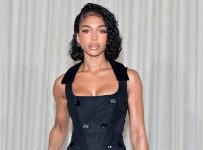 Lori Harvey’s Burberry Bustier Top and Wide-Leg Trousers