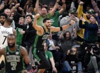 The Celtics fought off a Nets comeback and took their first-ever home playoff game with a siren shot