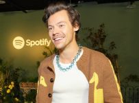 Harry Styles Wearing a Duck Cardigan and Wide-Leg Jeans